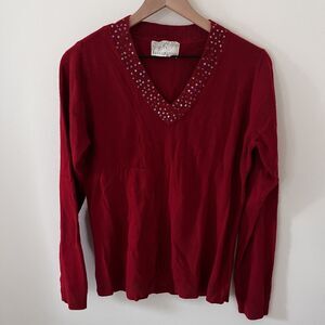 Womens Debbie Morgan Red Tight Knit Pullover Sequin V-Neck Sweater Size PXL